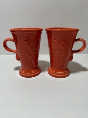 Fiesta Persimmon Pedestal Mugs Set of 2 Homer Laughlin Embossed Vintage